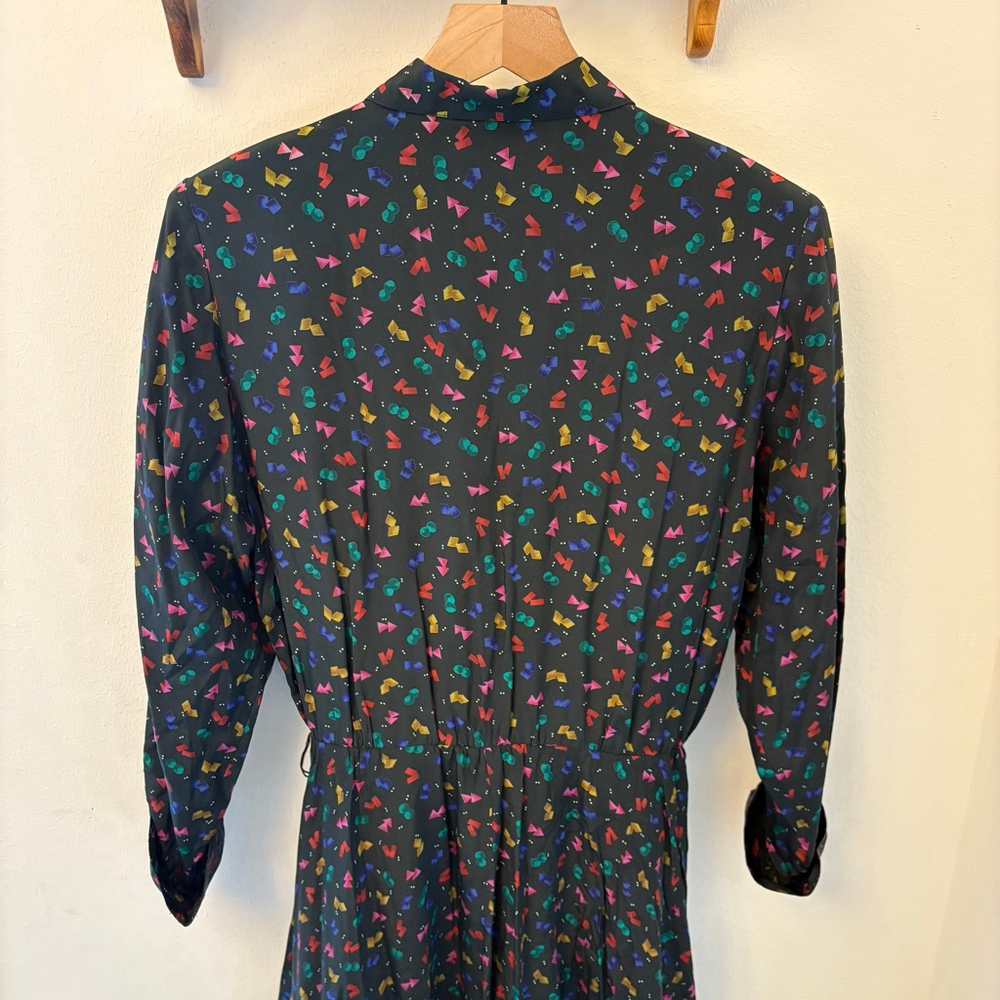 Vintage Garfinckel’s Black Geometric Print Silk Shirt Dress Size 10 - Picture 8 of 9